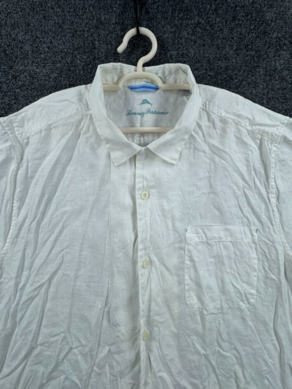 Tommy Bahama XL Short Sleeve Linen Men White Shirt Beach Resort Button Up Pocket